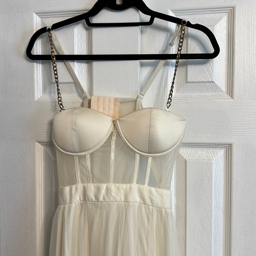 Cream Sheer Corset Bodice Gown with Gold Chain Straps